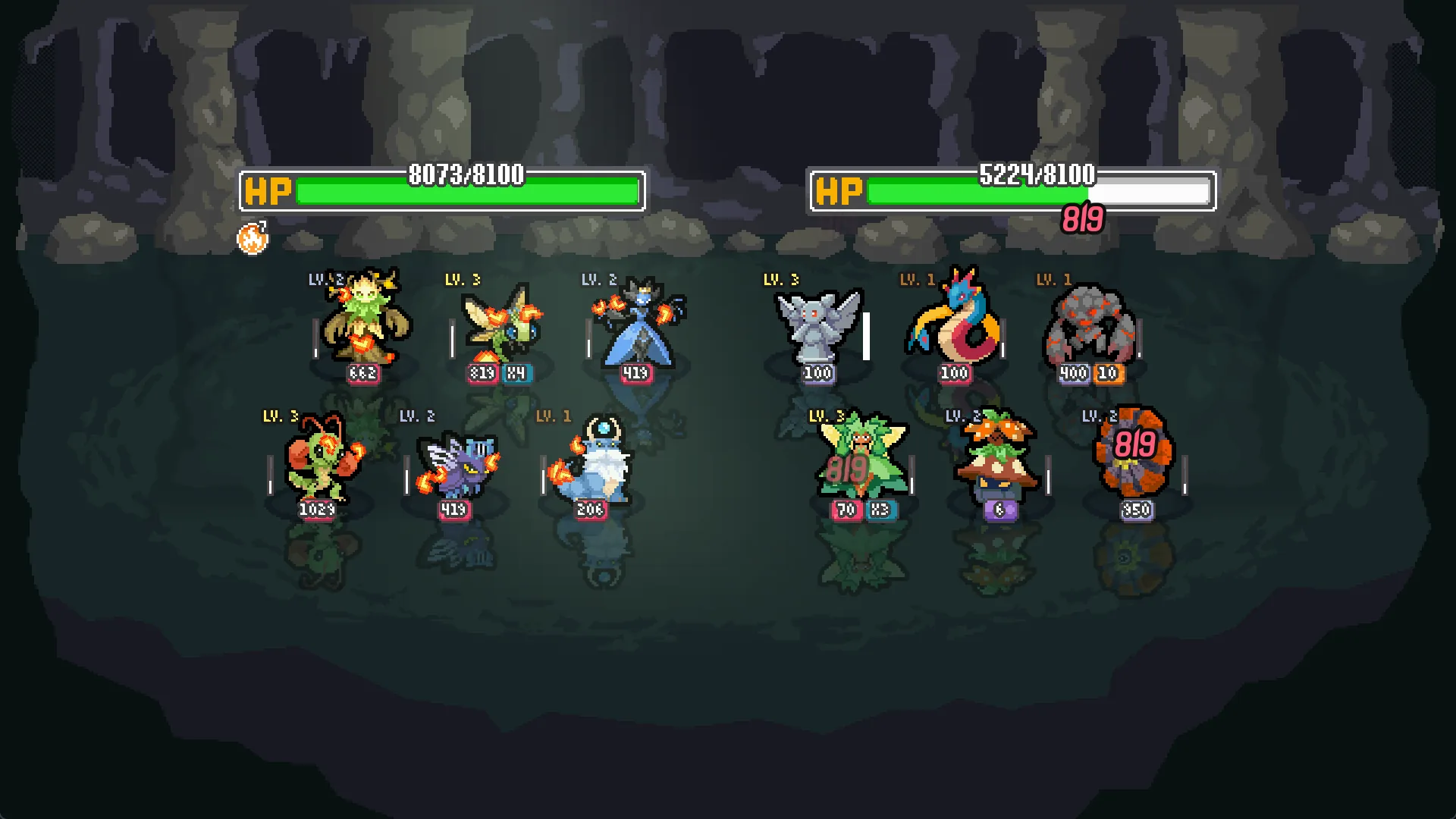 A cave arena battle in Batomon Showdown, official 1920 by 1080 screenshot.